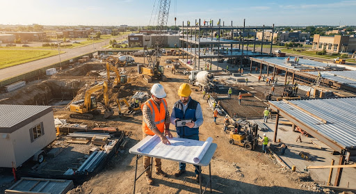High quality aerial photograph of an active modern commercial construction site in morning sun with foremen reviewing blueprints and tablet screens near modern construction equipment with warm amber and graphite tones