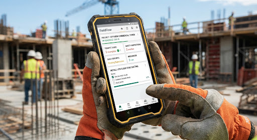 Close up photography of a modern rugged smartphone displaying a clean construction mobile field application interface held with work gloves on a job site
